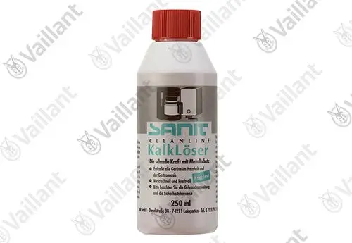 Vaillant Entkalkungsmittel in einer weißen Flasche mit rotem Deckel. Die Flasche enthält 250 ml und ist für die Reinigung von Haushaltsgeräten konzipiert.